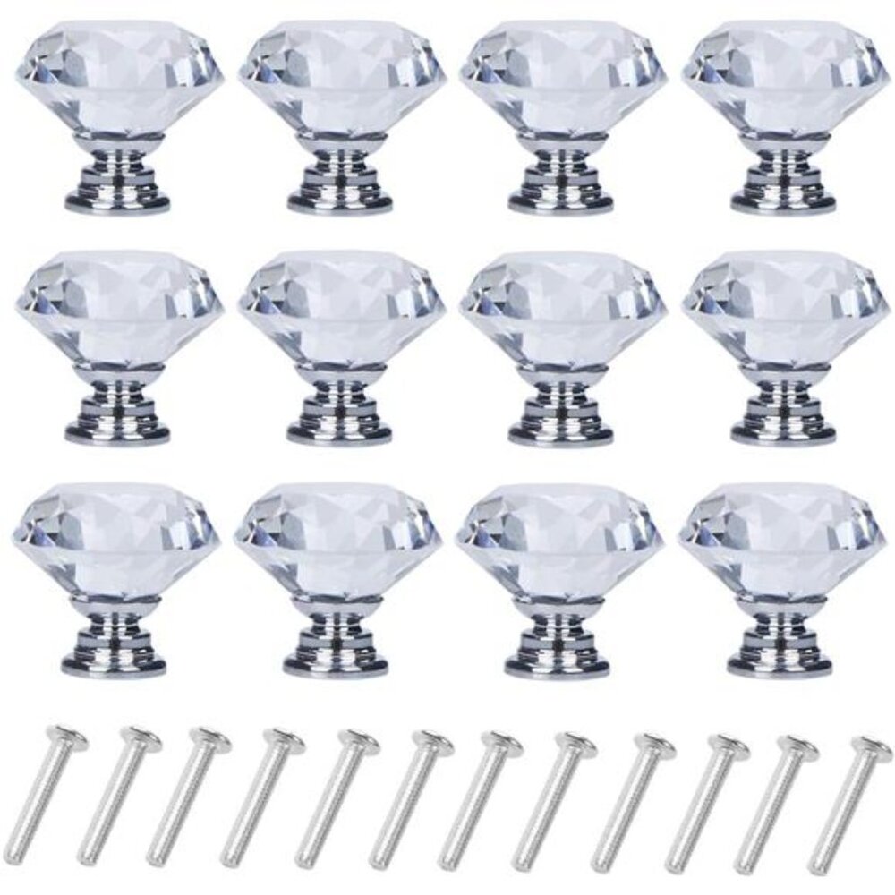 12 Pack Drawer Knobs Diamond Shaped Crystal Glass 30mm Cabinet Knobs